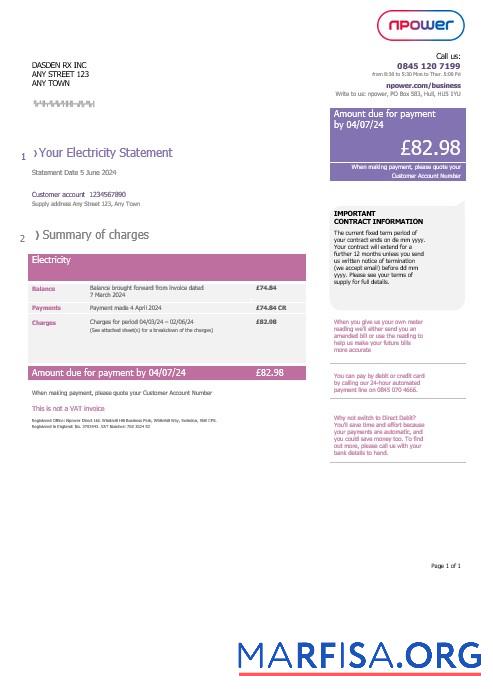 Downloadable United Kingdom Npower business utility bill, Word and PDF template